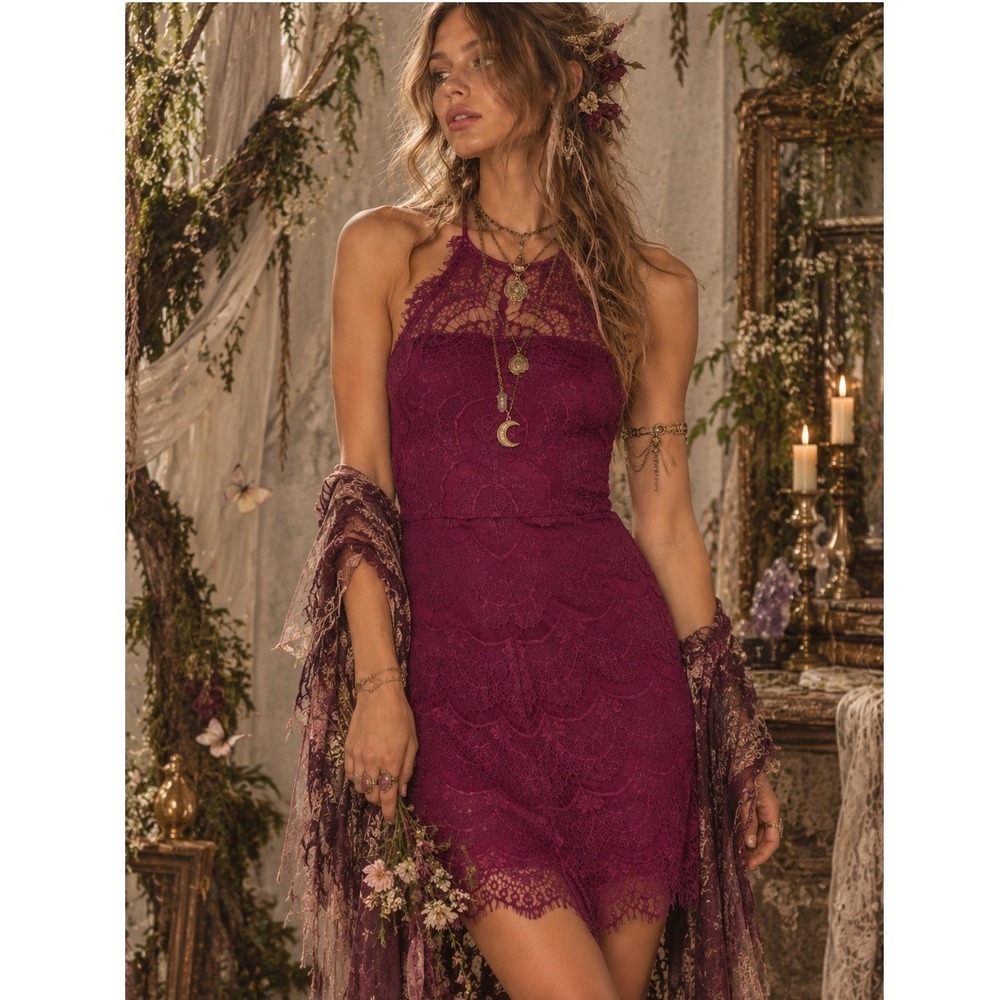 NWT Free People Dahlia Mini Dress XS Purple Lace High Neck Sleeveless Fairy Boho